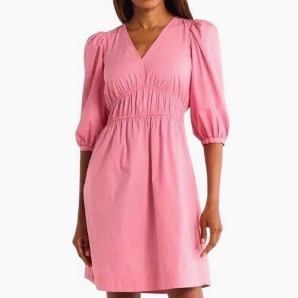 BOSS Hugo Boss Dezzan Pink Cotton Poplin Puff Sleeve Smocked Waist Dress Size 8